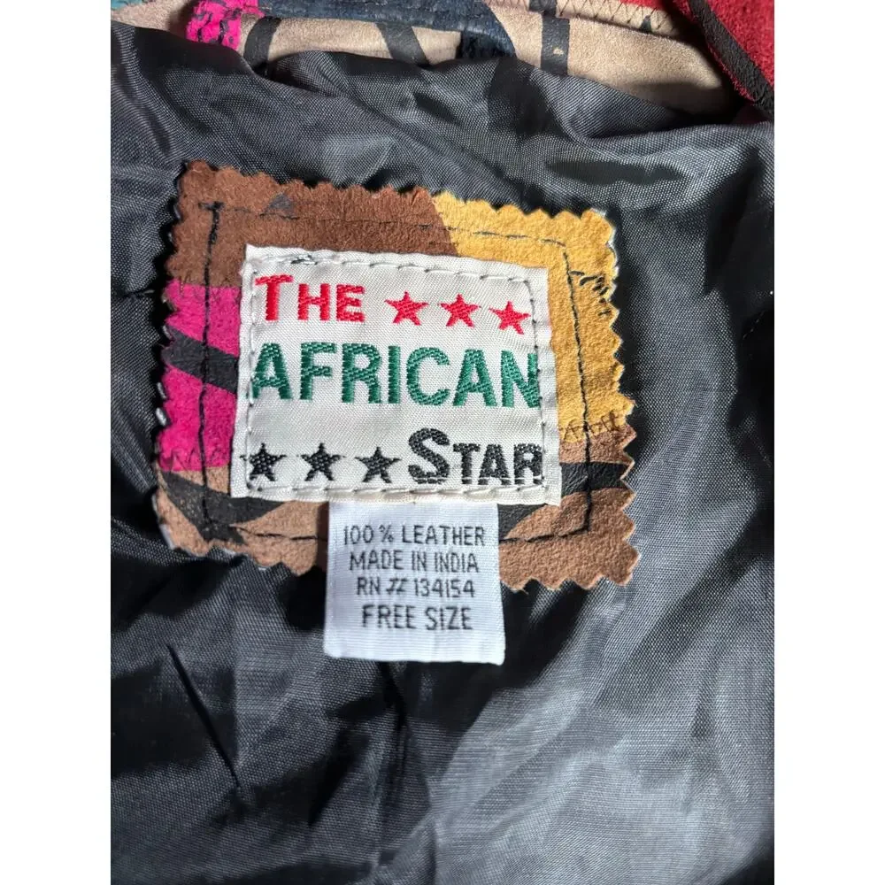 Vintage African Star Suede Leather Coat Map Print Oversized Long Jacket Boho - Picture 10 of 15